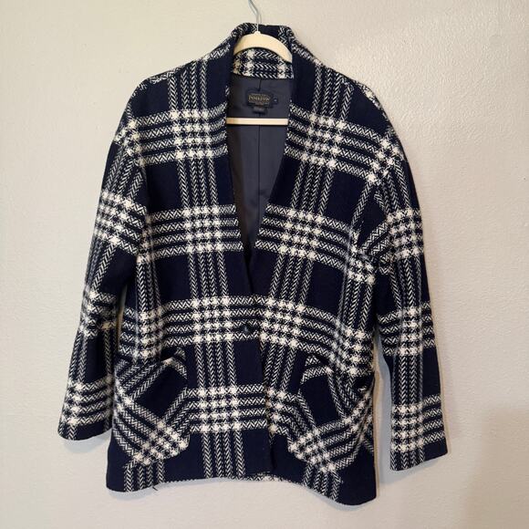 Pendleton Wool Navy and White Plaid One Button Blazer Jacket Coat Size Medium - Picture 1 of 5